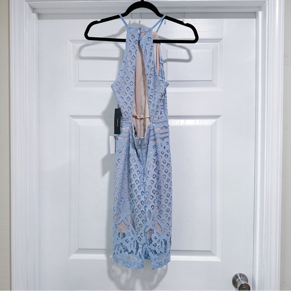 Lulus Steal a Kiss Light Blue Lace Dress Open Back Halter Mini Sheath Size Small - Picture 8 of 11